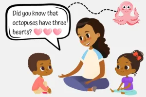 illustration of mom and her two kids for kids with a fun fact quote.